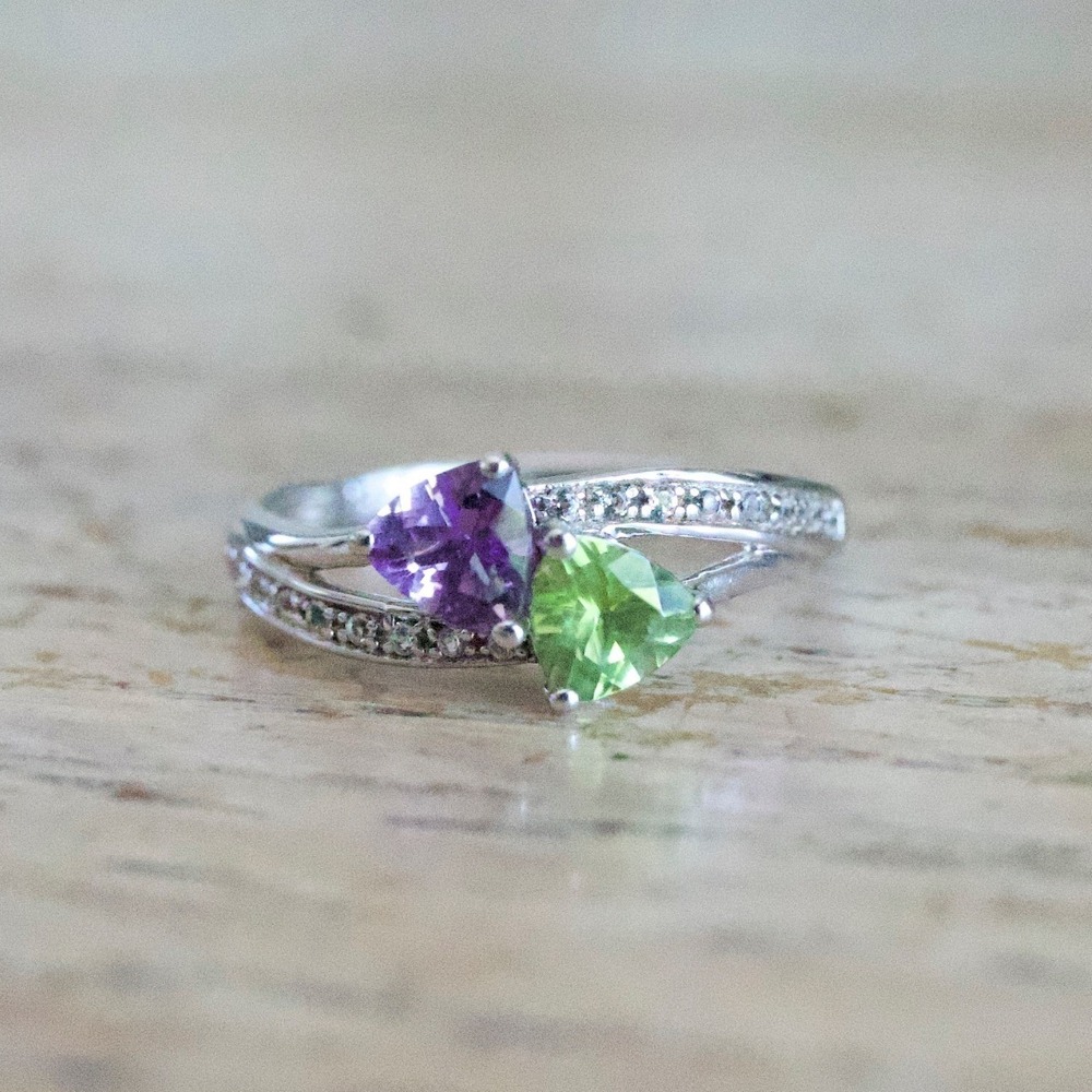 Kay Jewelers 925 Sterling Silver Amethyst Peridot Trillion Bypass Ring‎ Size 7
